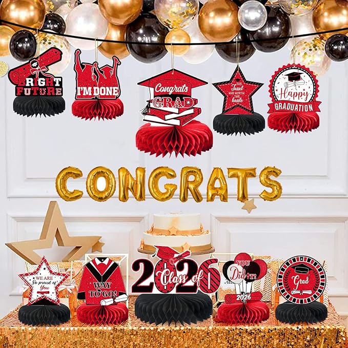 10PCS Graduation Party Decorations Class of 2026 Congrats Grad Table Centerpieces Congratulate Graduation Honeycomb Table Toppers for Graduation Party Supplies(Red Black)