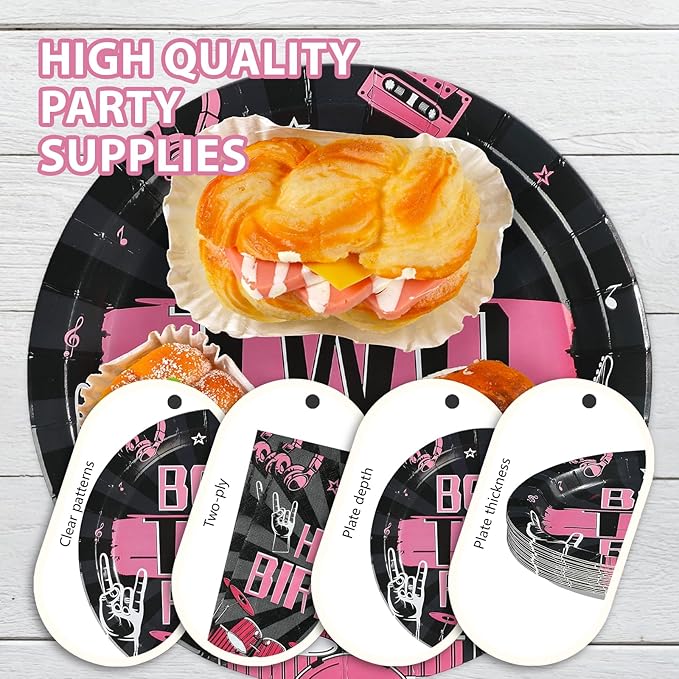 96Pcs Bad Two The Bone Birthday Decorations Rock and Roll 2nd Birthday Plates and Napkins Black Pink 2nd Tableware for 2 Years Old Rock Band Music Birthday Retro Bday Party Supplies Serves 24