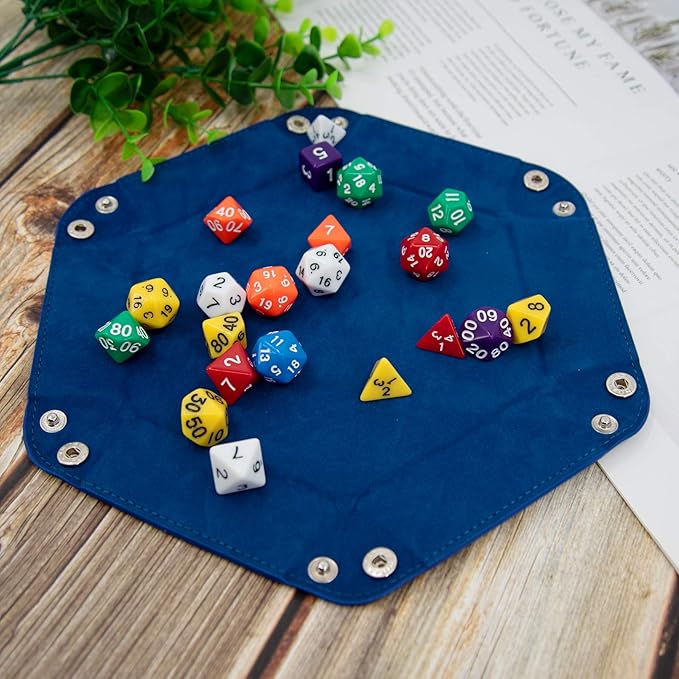 SIQUK 2 Pieces Dice Tray PU Leather Dice Folding Hexagon Tray Dice Holder for Dice Games Like RPG, DND and Other Table Games (Red and Royal Blue)
