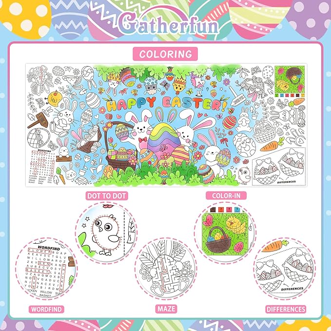 Gatherfun Easter Party Activity Poster - 31.5 x 72 Inches,Easter -Themed Party, Versatile Paper Coloring Banner/Table Cover for School Parties and Special Events Decoration