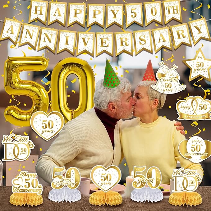 50th Golden Wedding Anniversary Decorations - White Gold Happy Anniversary Banner Backdrop Centerpiece Hanging Swirls Pom Poms