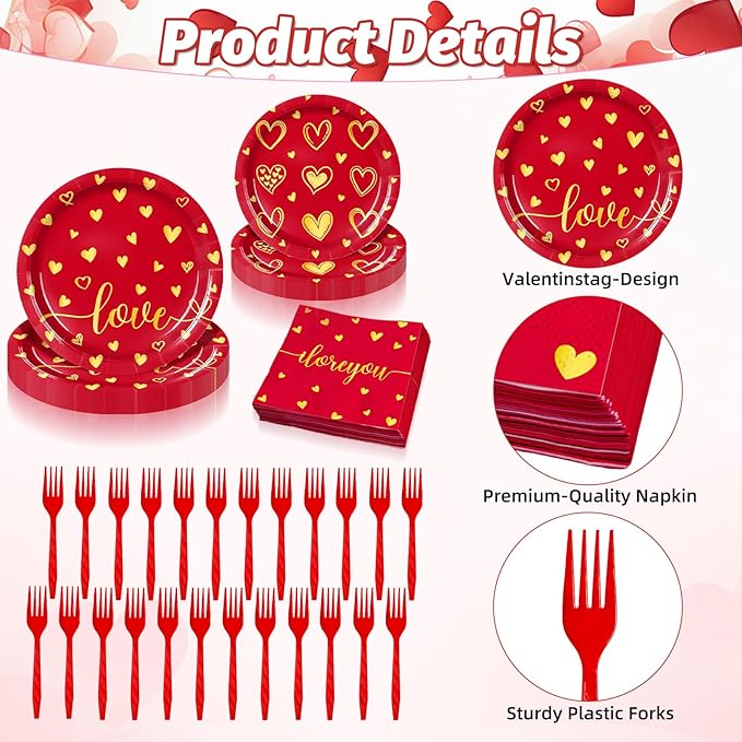 96 Pieces Valentine’s Day Love Tableware Set – Red and Gold Heart Disposable Plates, Napkins, and Forks for Romantic Dinners, Wedding, Anniversaries, and Valentine Celebrations – Serves 24 Guests