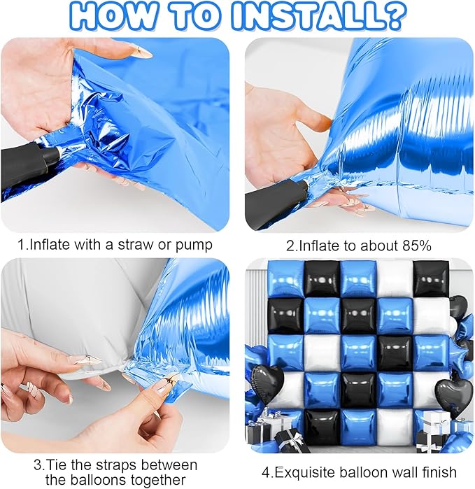 Black Blue White Square Foil Balloon Wall,25Pcs Double Sided Foil Balloons Backdrop Helium Polyester Tunnel Arch Garland Kit for Birthday Bridal Anniversary Baby Shower Party Decorations