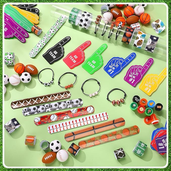Aoriher 120 Pcs Sport Balls Party Favors Set Serve 24, Basketball Football Soccer Goodie Foam Finger Mini Stress Ball Slap Bracelet Charm Bracelet Stamp for Kids Party Supplies