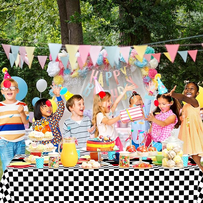 WNINK 4 Pack Racing Car Theme Rectangular Plastic Tablecloths, Car Disposable Table Covers 54" x 108" Black Checkered Flag Table Cloths for Race Car Birthday, Outdoor Picnic Parties Decorations