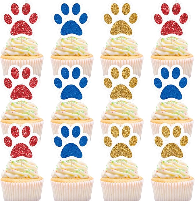 36 Pcs Paw Cupcake Toppers Glitter Dog Paw Cake Decorations 3 Colors Glitter Puppy Cupcake Toppers for Baby Shower Boys Girls Birthday Party Cake Supplies (Red Yellow and Blue)