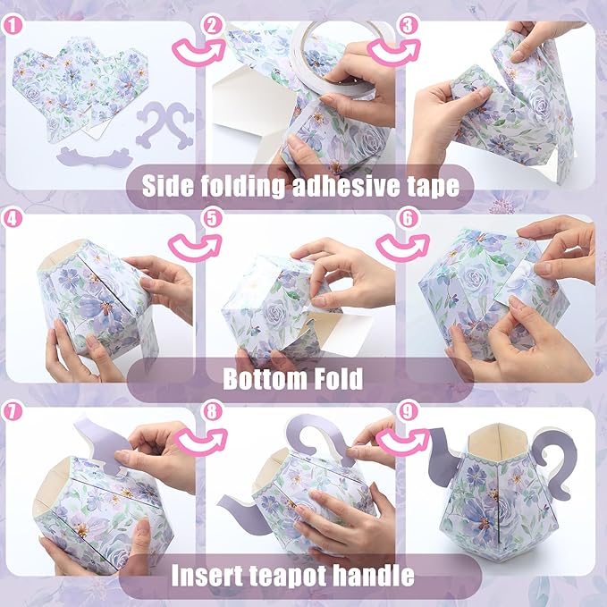 Fulmoon 6 Pcs Tea Party Decorations 6.7'' Flower Box Table Paper Teapot Princess Centerpiece Vase Table Decor Wonderland Fancy Party Decor for Floral Tea Birthday Baby Shower Wedding (Elegant)