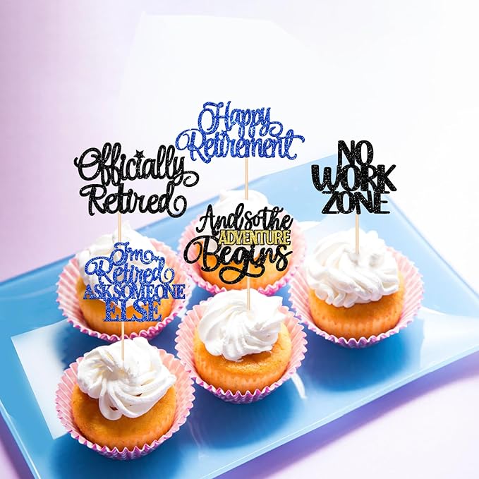 30 PCS Happy Retirement Cupcake Toppers Officially Retired Cupcake Picks No Work Zone Adventure Begins Cake Decorations for Retirement Theme Farewell Birthday Party Supplies Black Blue