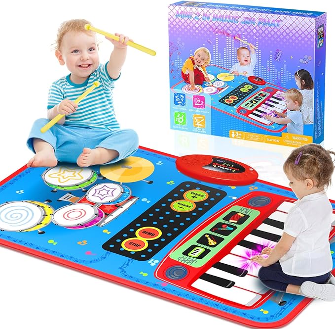 2-in-1 Musical Mat Toys for 1 2 3 4 5 Year Old, Piano Keyboard & Drum Set with 2 Drum Sticks, Early Educational Musical Learning Toys Birthday for 1 2 3 4 5 Year Old Boys & Girls, Blue