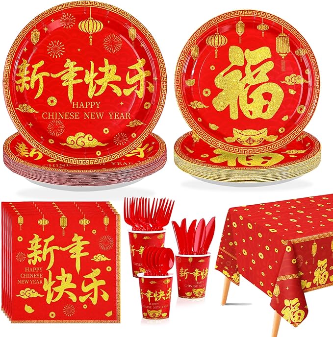 170Pcs Chinese New Year Party Supplies Spring Festival Plates and Napkins Cups, Forks, Tablecloth Red Gold Festival Tableware Set for Lunar New Year 2026 Party Decoration Serves 24