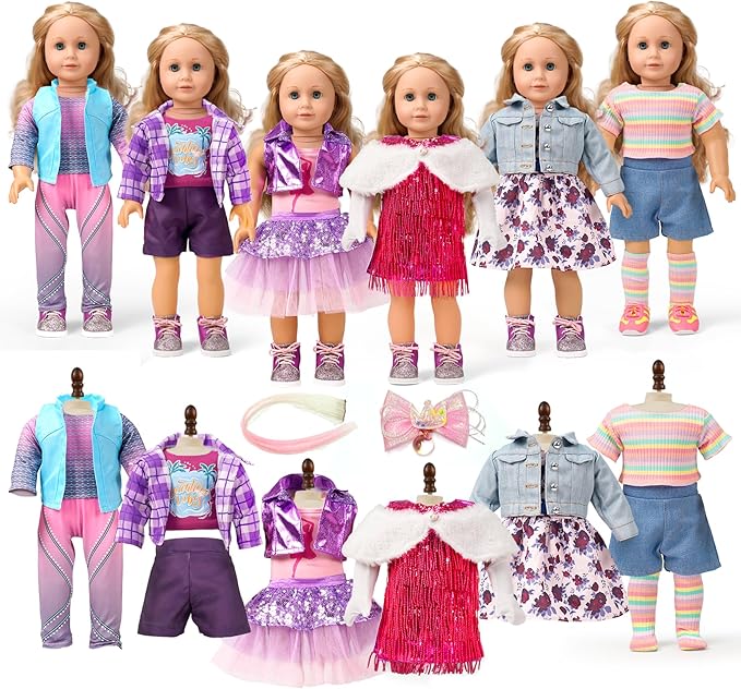 18-Inch American Doll Clothes Accessories - 19Pcs Fashion 18 Inch Doll Outfit Set for Girls Gifts, Includes 3 Dresses, Lounge Suit, Workout & Yoga Sets and Accessories for 18 Inch Dolls