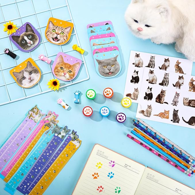 PerKoop 168 Pcs Cat Party Favors Set - Mini Notebook, Sticker, Stamp Stationery - Cat Themed Party Favor for Kitten Animal Birthday Decorations & Supplies