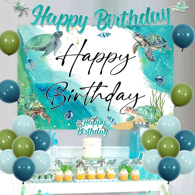 JOYMEMO Sea Turtle Birthday Theme Party Decorations, Birthday Banners, Sea Animal Backdrops, Balloon and Cake Decorations for Underwater World Style Party Supplies