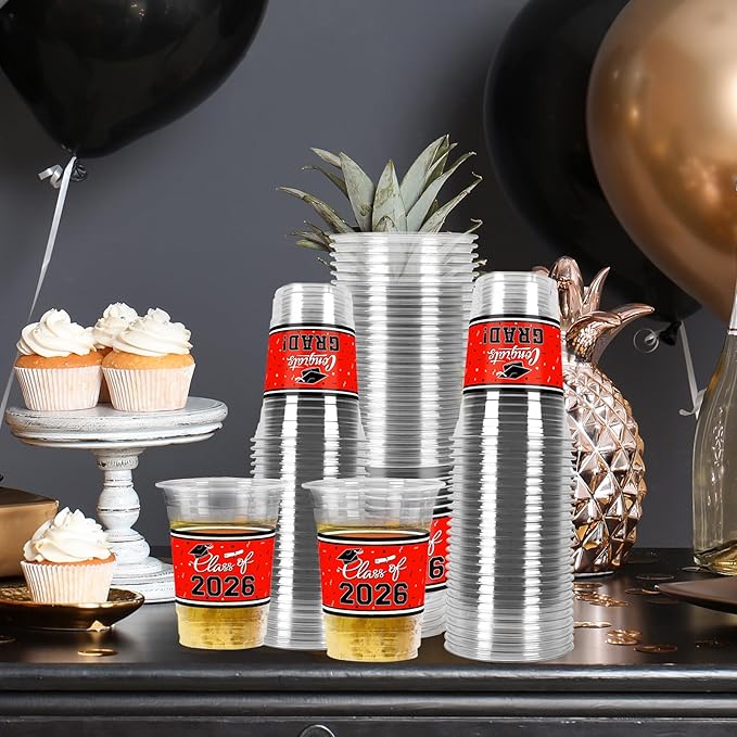 Gatherfun Class of 2026 Celebration - 100 Pcs 16oz Red Graduation Plastic Cups for Sturdy & Durable Drinkware for Grad Festivities | Essential Graduation Party Supplies & Decorations