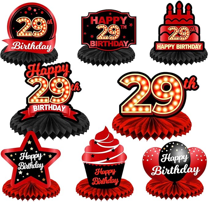 Happy 29th Birthday Red and Black Table Honeycomb Centerpieces Balloons Theme Decor Table Decorations Table Toppers for Girls Women Princess 29 Years Old Birthday Party Bday Supplies Background Gold