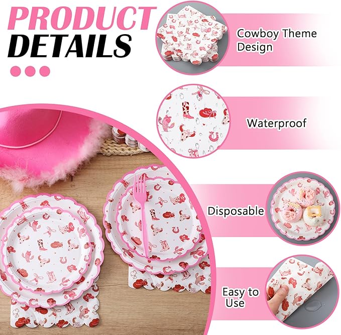 122 Pcs Pink Cowgirl Birthday Party Supplies Western Cowgirl Plates Napkins and Fork Disposable Bowknot Rodeo Tableware Set for Girls Baby Shower Wedding Bachelorette Decoration, Serve 24
