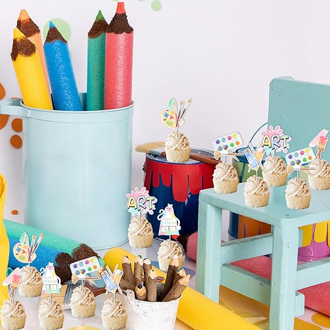 Art Birthday Party Decorations Girl - 24pcs Art Paint Party Cupcake Toppers, Pastel Rainbow Art Birthday Party Cake Decor for Crayon Painting Drawing Artist Birthday Party Supplies