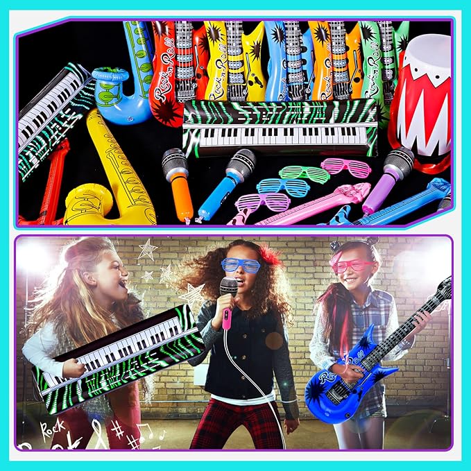 Max Fun Inflatable Rock Star Toy Set, 30 PCS 80s 90s Party Decorations Inflatable Party Props Musical Instrument Blow up Guitar Inflate Rock Band for Carnival Party Favors Rock and Roll Party Supplies