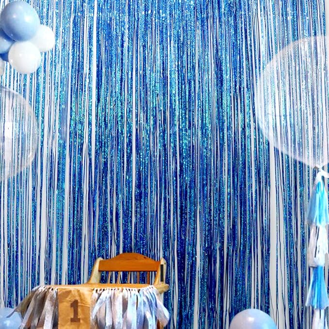 Blue Foil Fringe Curtains Iridescent Mermaid Shark Party Supplies Photo Backdrop Decor Curtains Under The Sea Backdropr Wedding Window Party Decorations Photo Booth Props(2 * 6.5 * 3.2 Ft, Lake Blue)