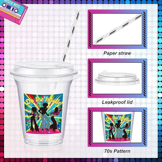 Boao 36 Sets 70s Disco Cups with Lids and Paper Straws 14 oz Disco Birthday Party Supplies Favors Disposable Clear Plastic Cups Bulk