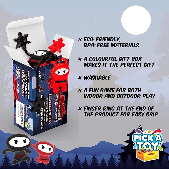 PICK A TOY Ninja Party Favors for Kids – 12 Pack Stretchy Flying Ninjas, Sticky Slingshot & Throwing Stars Toys – Goodie Bag Stuffers, Classroom Prizes, Easter Basket Egg Filler