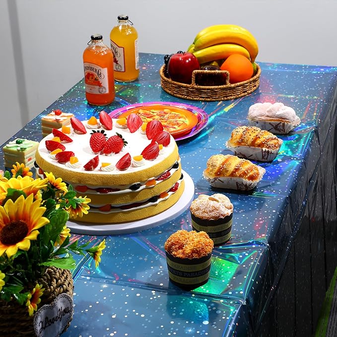 2Pcs Iridescent Space Tablecloths, Disposable Plastic Blue Galaxy Table Cloth Rectangle Table Covers for Space Starry Night Star Theme Party Birthday Party Decorations, 54x108 Inch