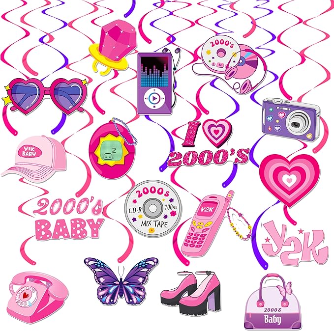 20pcs Y2K Party Hanging Swirls 2000s Pink Birthday Party Decorations for Girls I Love 00‘s Theme Ceiling Swirl Streamers for Hot Girl Bday Retro 2000s Female Bachelorette Party Supplies