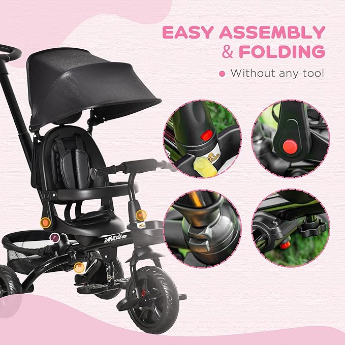 Qaba Kids Tricycle, 4 in 1 Foldable Trike with Reversible Seat, Adjustable Parent Handle, Safety Harness, Wheel Brakes, Removable Canopy, Storage, Tricycle for Toddlers 1-5 Years, Black