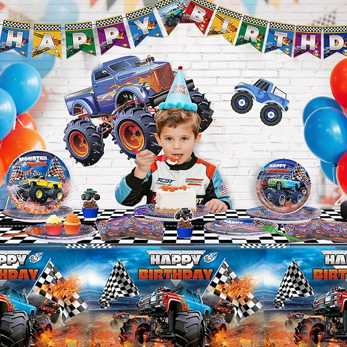 Monster Truck Birthday Decorations Kit - 97 Pcs Machines Jam Party Supplies for Boys Serves 24 Guests, Including Plates, Napkins, Forks & Tablecloth - Perfect for Monster Truck Themed Decor