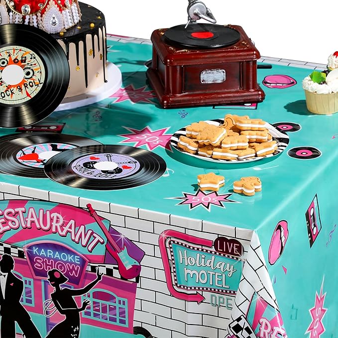 Tiamon 1 Pcs 50s Tablecloth 50's Gifts Decorations Rock and Roll Party Table Cover Large 1950's Plastic Tablecloth Back to 50's Rocking Party Supplies for Music Birthday Anniversary