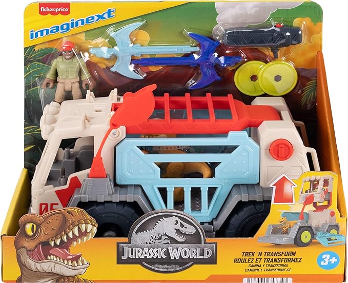 Fisher-Price Mattel Imaginext Jurassic World Trek ‘N Transform Toy Vehicle Play Set with Dinosaur, 3-inch Action Figure & Projectile Launcher with Projectiles