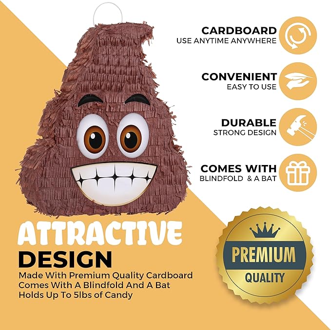 Poop Pinatas Bundle with a Blindfold and a Bat(15.7 x 13.4 x 5 Inches), Birthday Parties for Boys, Decoration for Theme Parties