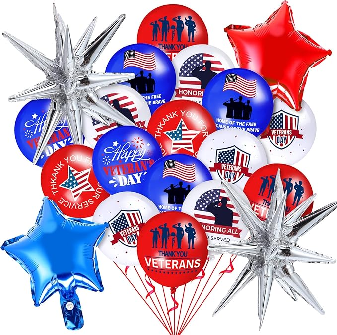 Hungdao Veterans Day Balloons Set 12 Inch American Blue Red White Balloon Thank You Veteran for Patriotic Independent Theme 4th of July Memorial Decorations Party Supplies(Veterans Day)