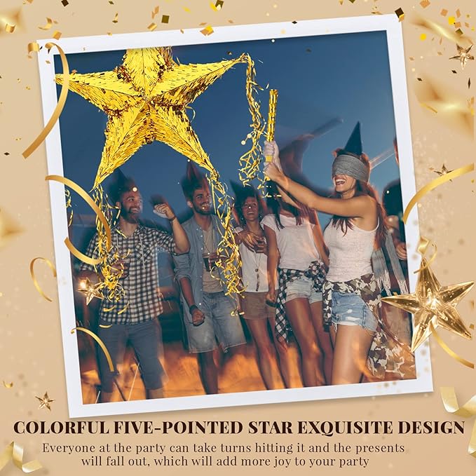 Foil Star Piñata with Blindfold and Bat for Birthday Foldable Star Shape Piñata with Stick Festive Fiesta Party Supplies Favors for Mexican Party (Gold)