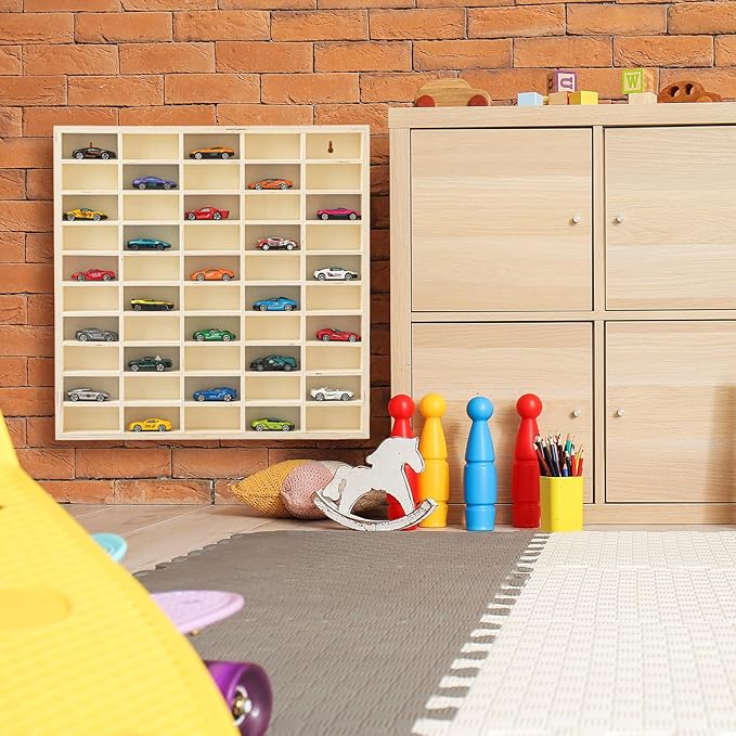 2 Pcs 50 Space Toy Cars Wheels Display Case 1: 64 Scale Model Cars Display Shelf Wooden Wall Mounted Die Cast Car Storage Rack for Gift Collectibles Toy Figurines Tiny Cabinet