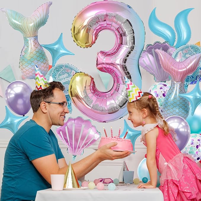 Mermaid Birthday Decorations 40 Inch Giant 3 Years Old Foil Balloons Kit for Girls Under The Sea Theme Party 21Pcs Balloons for Birthday Anniversary Baby Shower Party Decorations Supplies