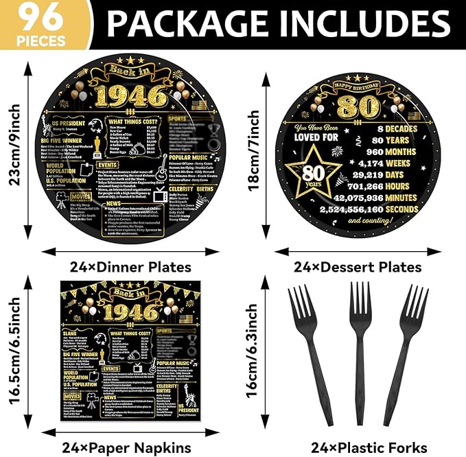 96Pcs 80th Birthday Plates and Napkins Back in 1946 Party Decorations Black Gold 80 Year Old Party Dessert Plates 1946 Birthday Tableware for 24 Guests 80th Theme Men Woman Bday Parties Supplies