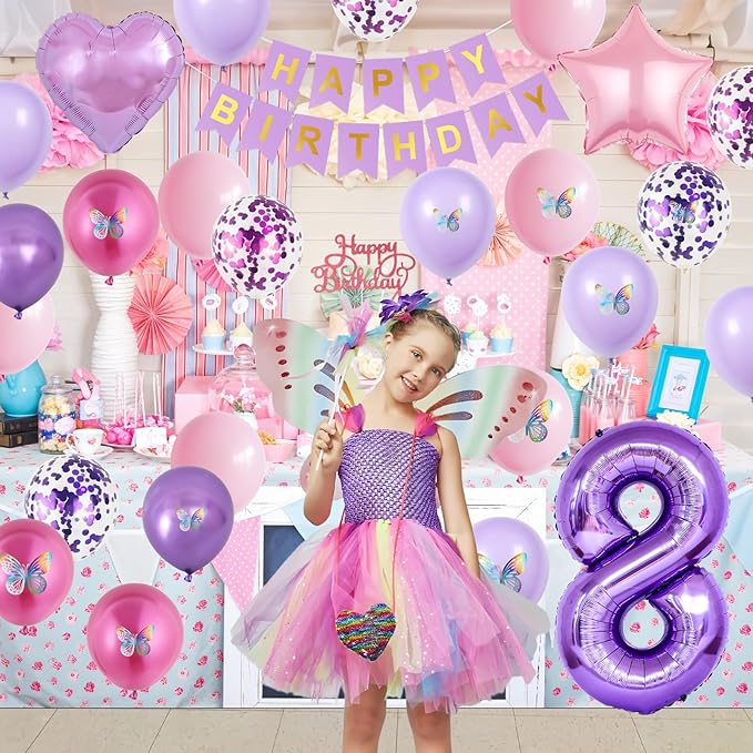 8th Birthday Decorations for Girl,Pink Purple 8th Butterfly Decoration Birthday Balloons Pink Purple Banner Number 8 Balloons Cake Topper Butterfly Party Supplies for Girls