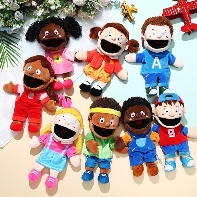 Lenwen 8 Piece Kids Hand Puppet Gifts Set 12 Inch Multicultural Plush Hand Puppets with Movable Mouth, Suitable for Classroom Interaction