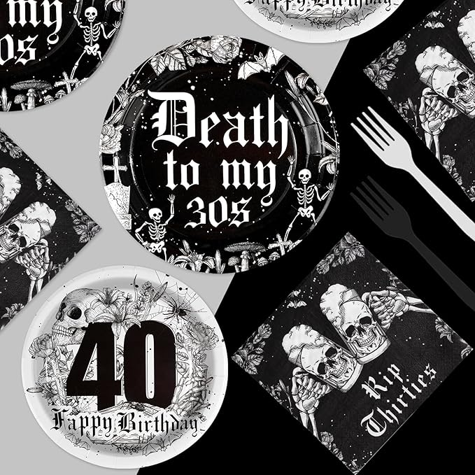 Grencian 96 Pcs Death To My 30s Birthday Decorations 40th Birthday Plates and Napkins Tableware Set Disposable Black Rip To My 30s birthday Party Supplies for Funeral for My Youth Serves 24