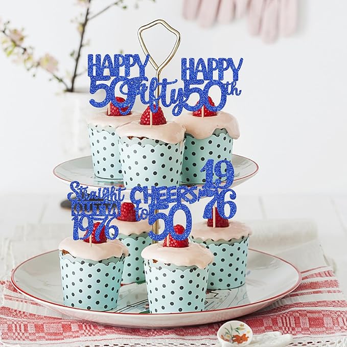 30 PCS 50th Birthday Cupcake Toppers Glitter Fifty Happy 50 Straight Outta 1976 Cupcake Picks for Cheers to 50 Fabulous 50th Birthday Anniversary Party Cake Decorations Supplier Blue
