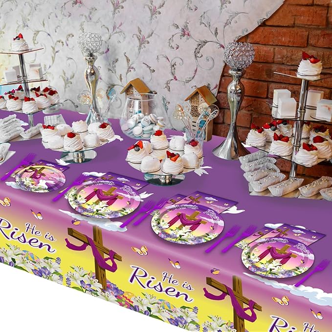 98 Pieces He is Risen Easter Party Decorations Easter He is Risen Tableware Set Religious Plates Napkins Tablecloth Christian Holiday Party Supplies Kit Tablecover Dinnerware Spring Favor