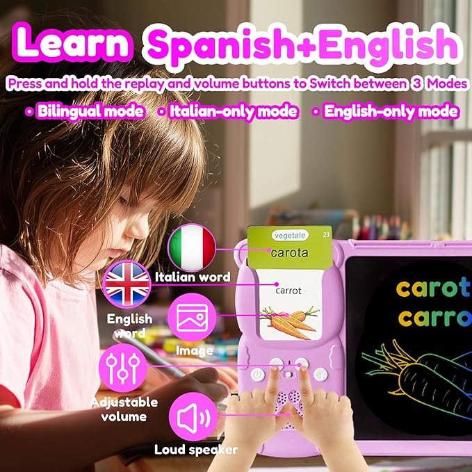 Drawing Tablet with Bilingual Flashcards for Kids - Italian English Talking Flash Cards, LCD Writing Pad Board, Pocket Speech for Toddlers, Learning Toy Gift for Boys Girls (Italian, Pink)