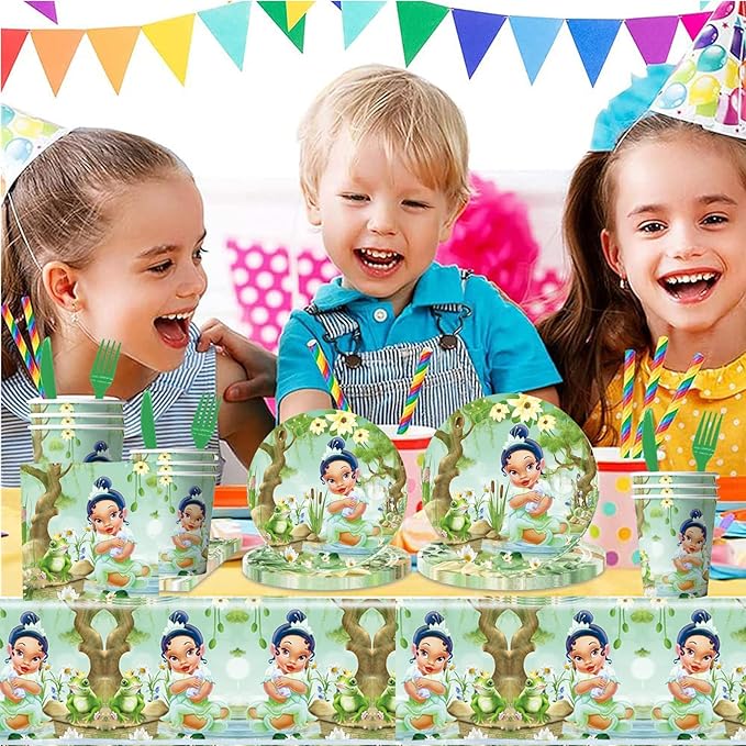 Princess Tiana Birthday Party Decorations, The Frog Tiana Party Tableware with Banner, Tablecloth, Disposable Paper Plates and Napkins for Little Princess Birthday Baby Shower Party Decorations