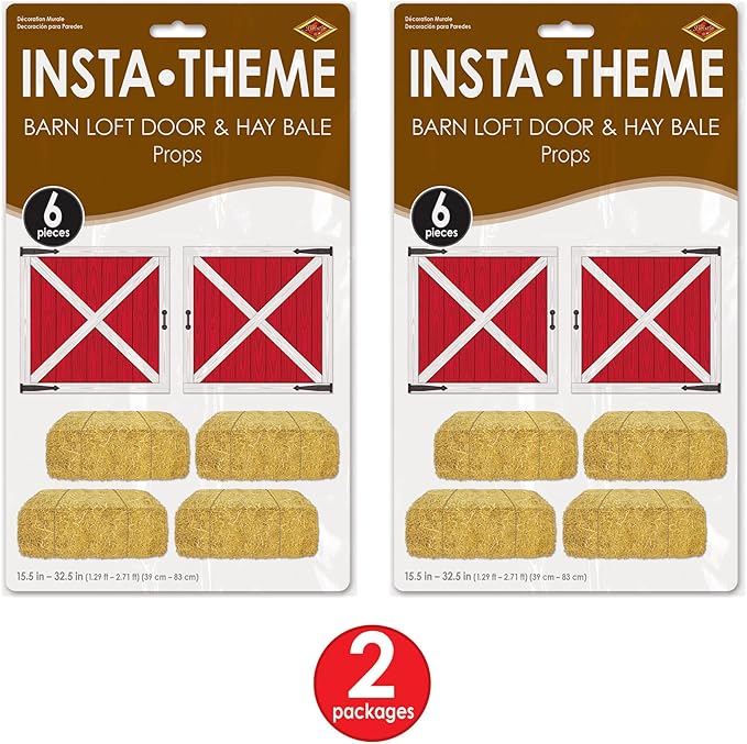 Beistle Barn Loft Door & Hay Bale Props, 12 Pieces, 15.5"-32.5" - Printed Plastic Barnyard Wall Decorations, Western Cut Outs