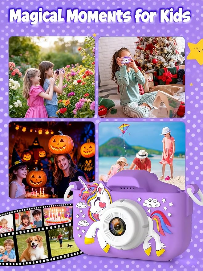 Kids Digital Camera Toy for Boys and Girls Aged 3-12, Unicorn 1080P Children's Camera, Christmas Birthday Gift, Toddler Digital Video Camera for Girls with 32GB SD Card/Reader (Purple)