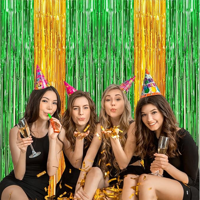 St. Patrick's Day Foil Fringe Curtains, 2 Packs of 3.3x6.6 ft Green Gold Tinsel Fringe Streamers Photo Booth Backdrop for Construction Party Decorations,Backdrop for Irish Themed Decoration