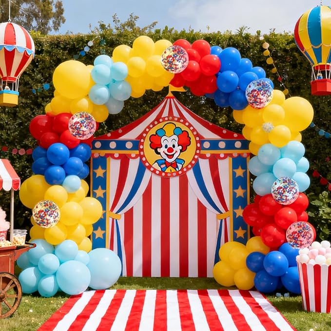 RUBFAC Carnival Circus Balloon Garland Arch Kit, 120pcs Red Blue Yellow Primary Color Balloons Rainbow Multicolor Confetti and Star Foil Balloons for Birthday Party Carnival Theme Decorations