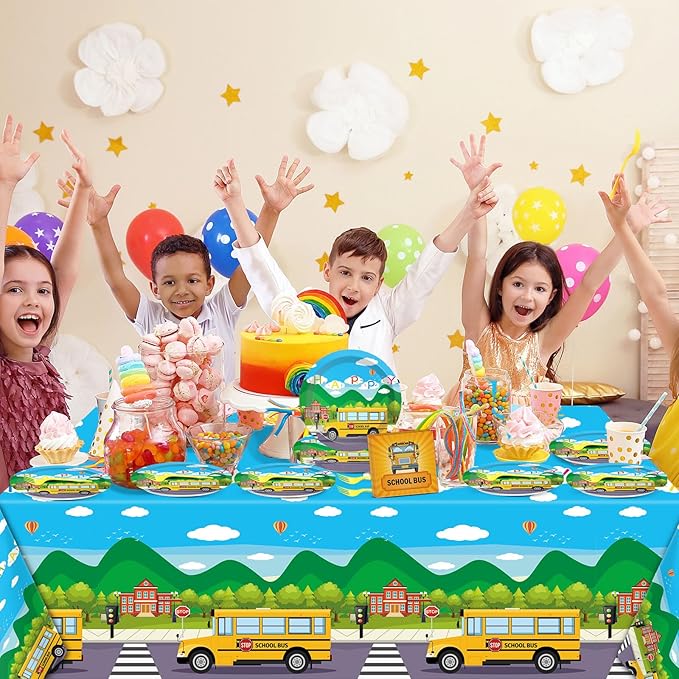 61 Pcs School Bus Party Supplies Back to School Birthday Tableware Set Bus Plates Napkins and Tablecloth Transportation Themed Decorations for Preschool Kindergarten Baby Shower Serves 20 Guests
