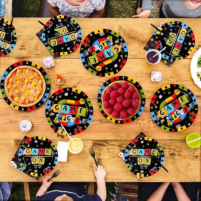 Grencian 96Pcs Game Night Party Supplies Black Family Game Party Decorations Plates and Napkins Disposable Family Gamer Paper Tableware Set for Kids Adults Birthday Games On Favors Serves 24